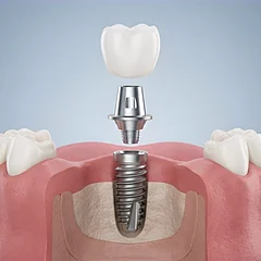 Ilustração 3D do implante dentário no osso, com o pilar e a coroa, entre os dentes vizinhos
